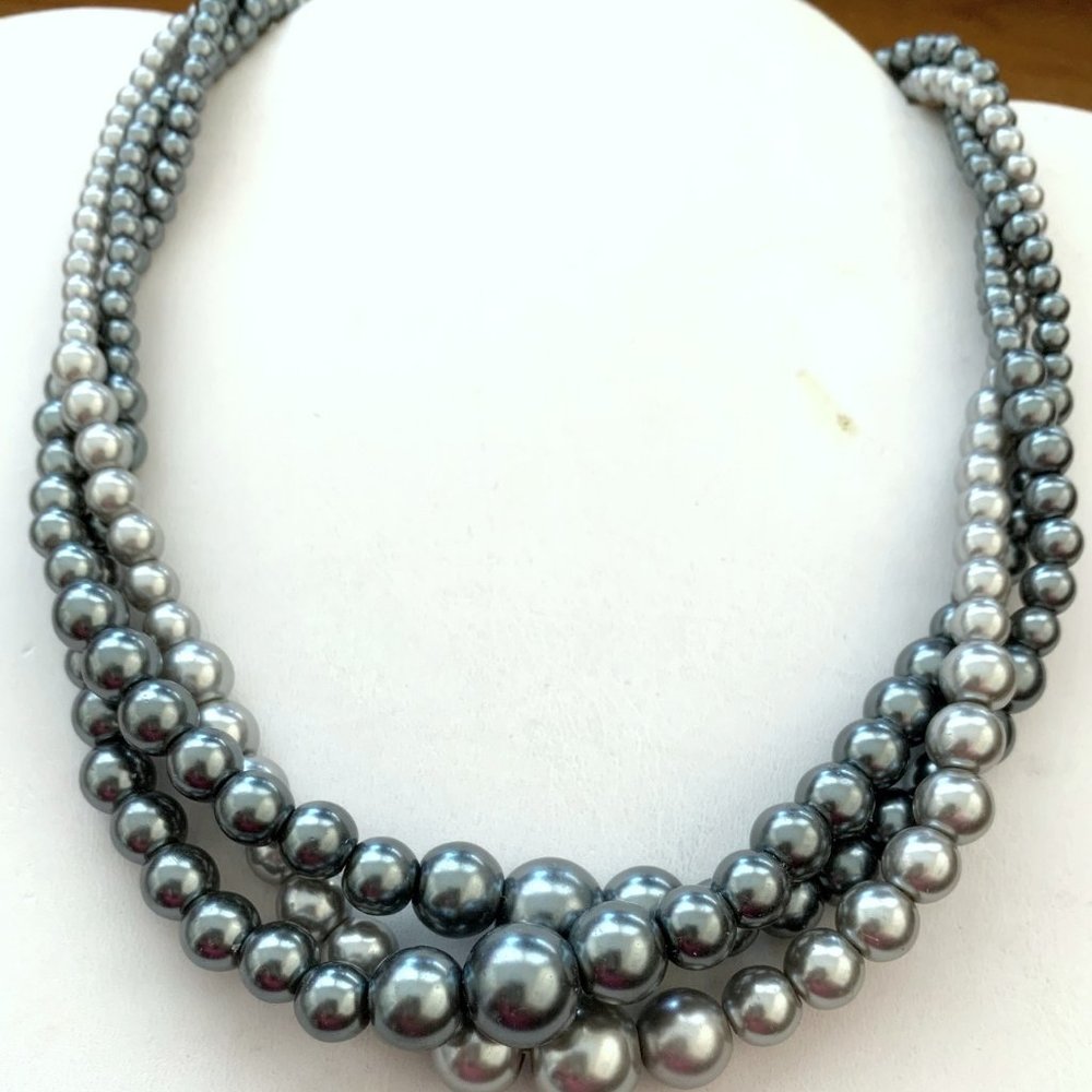 Gray Three Strand Graduated Twisted Faux Pearl Silver Plated Necklace